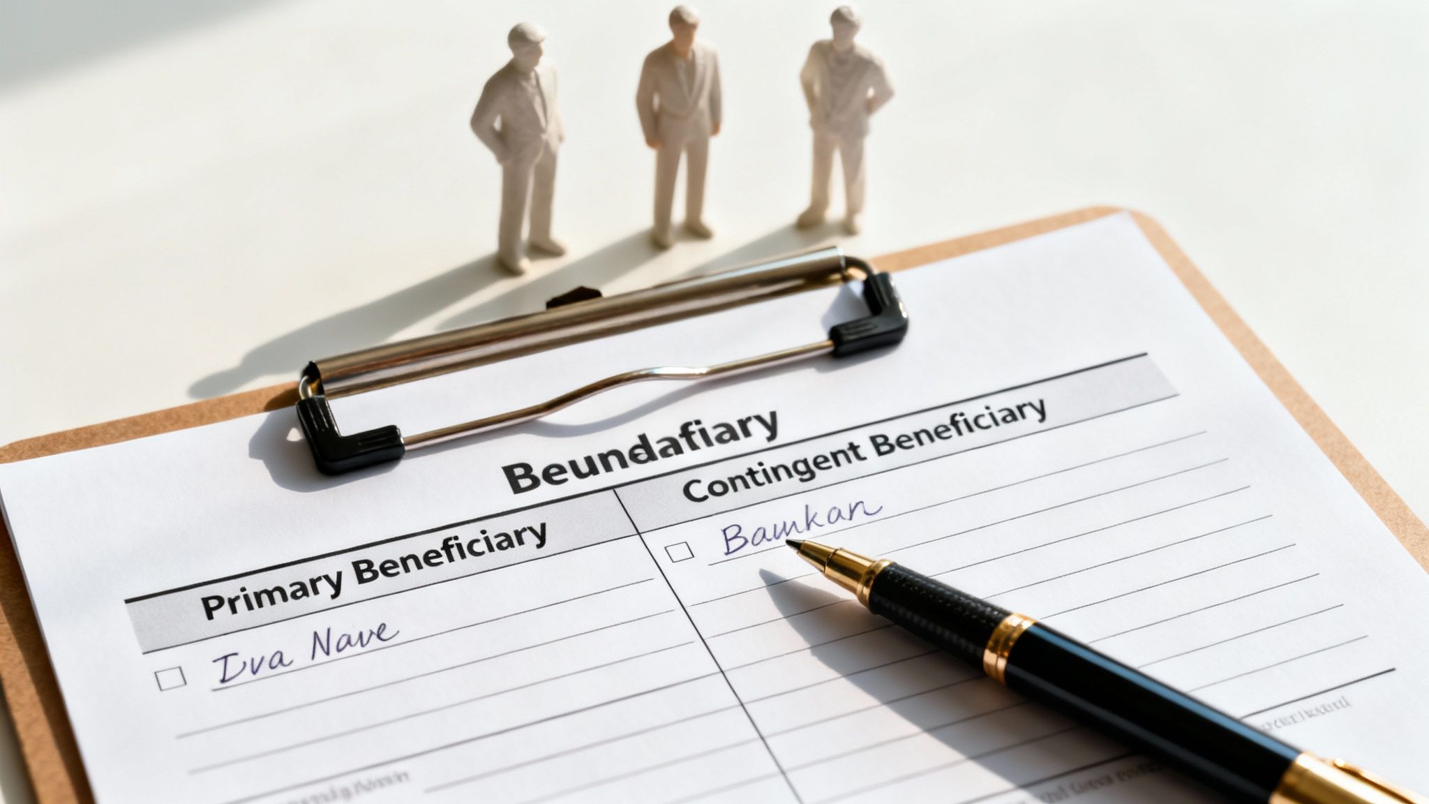 What Is Beneficiary Designation in Arkansas? 4 A close-up of a beneficiary designation form on a clipboard with a pen, featuring primary and contingent beneficiaries.