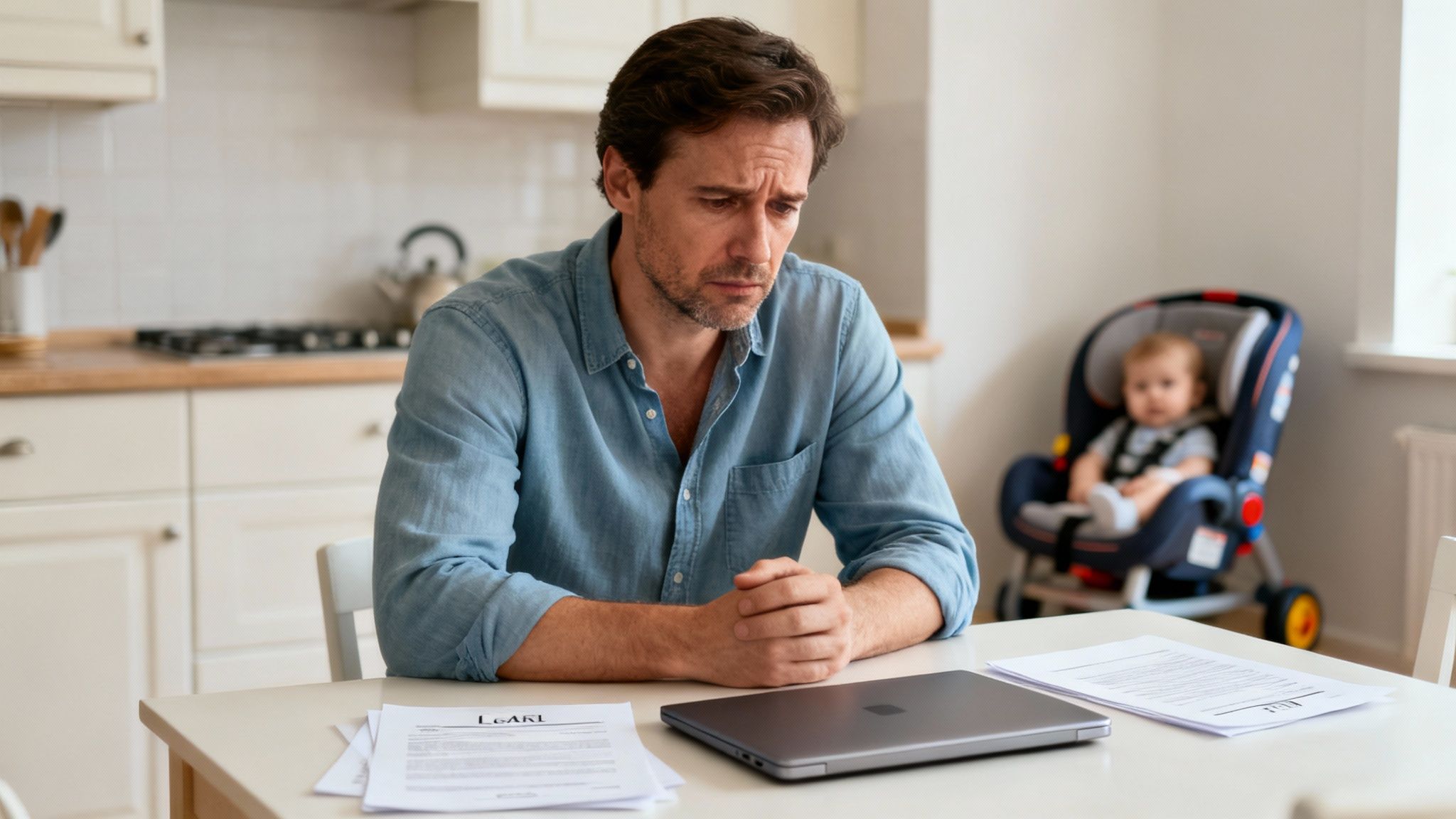 Find an Attorney for Men in Divorce in Arkansas Today 1 Worried man at kitchen table with laptop and papers, baby in background.