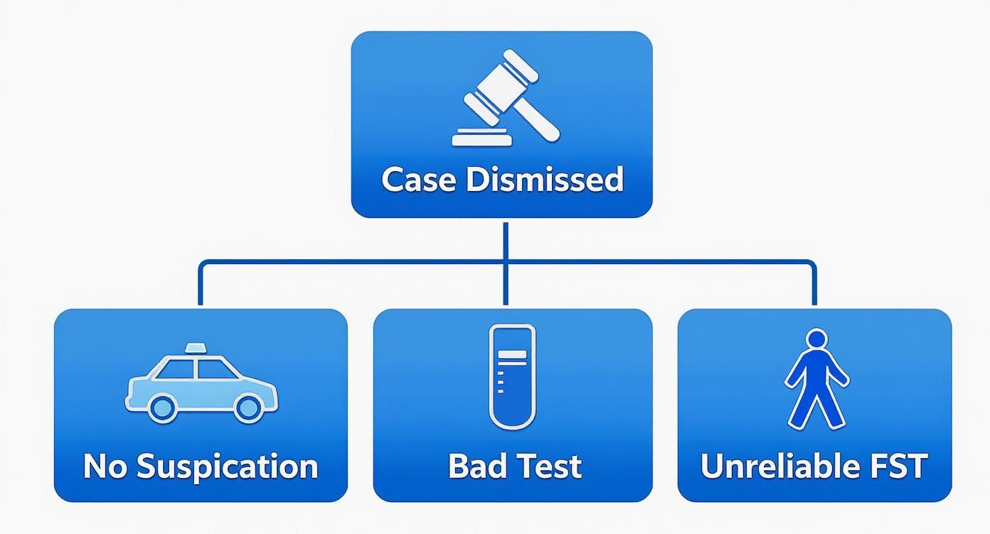 Why You Need a DWI Defense Attorney in Arkansas 3 An infographic showing a hierarchy diagram for DWI defense strategies, with "Case Dismissed" at the top, leading down to "No Suspicion," "Bad Test," and "Unreliable FST."
