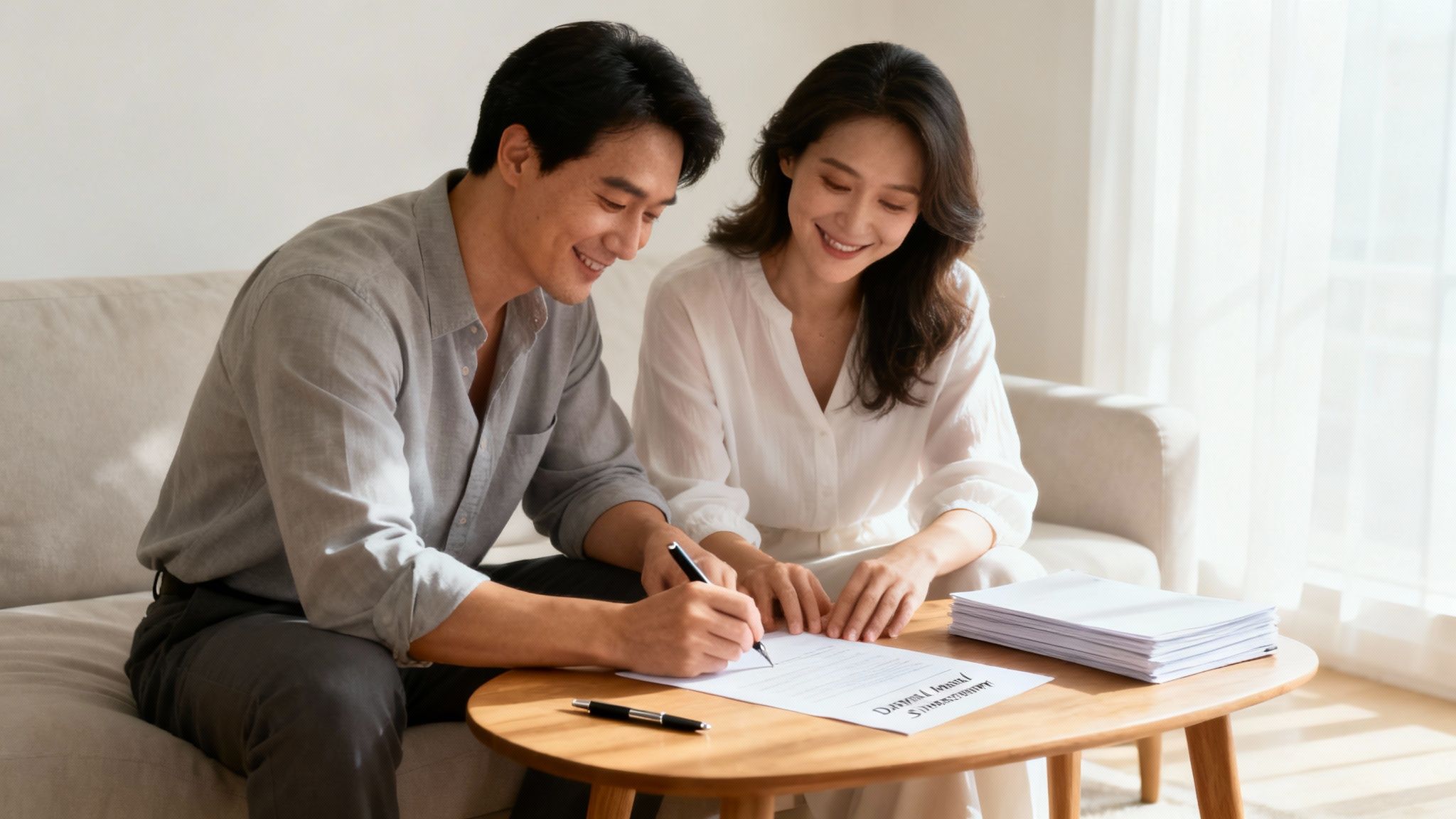 An Easy Guide to Uncontested Divorce in Arkansas 1 A couple signing divorce papers amicably at a table with a lawyer.