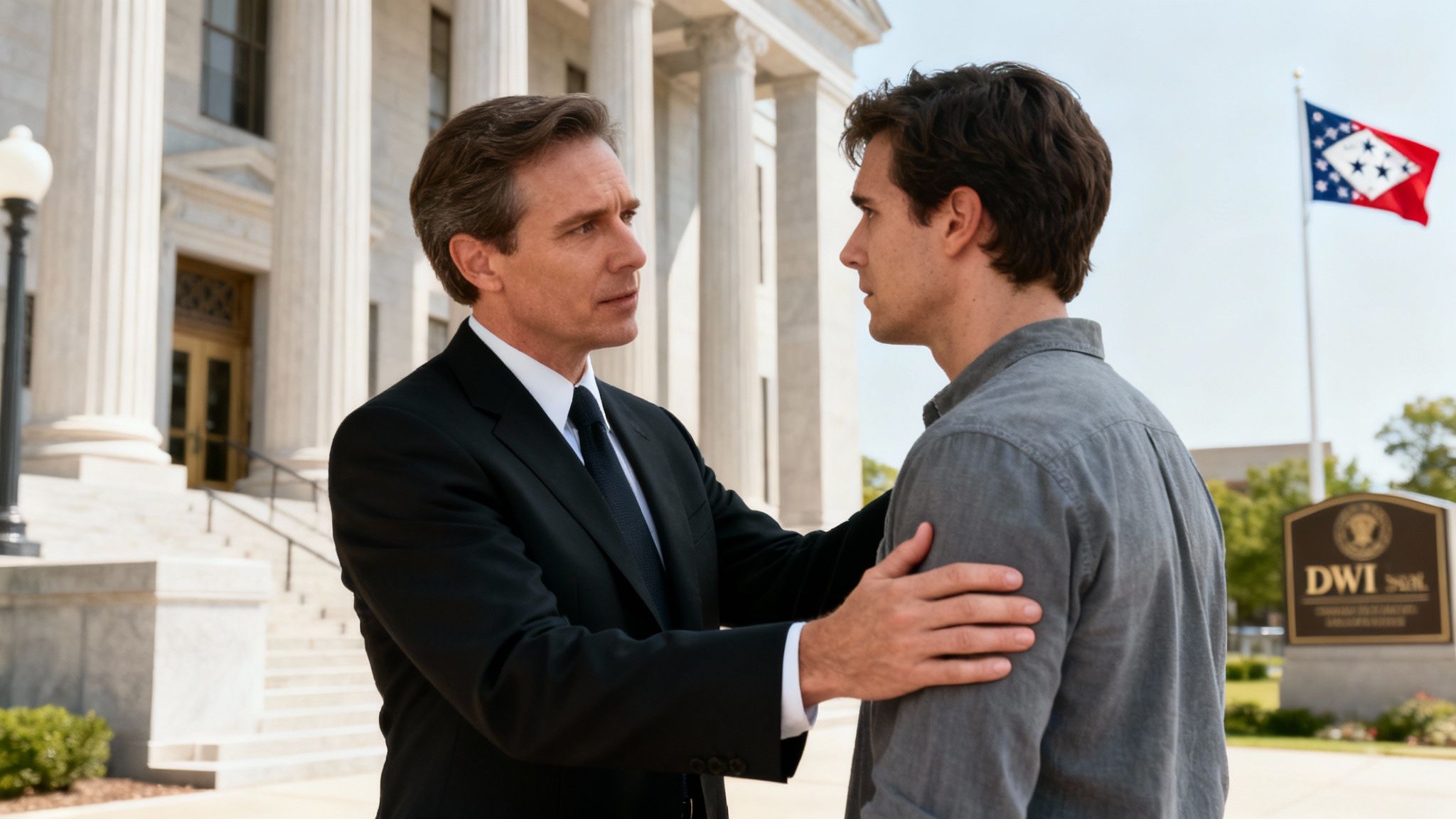 What an Arkansas DWI Lawyer Does for You 1 DWI lawyer in dark suit consoling client outside courthouse with state flag
