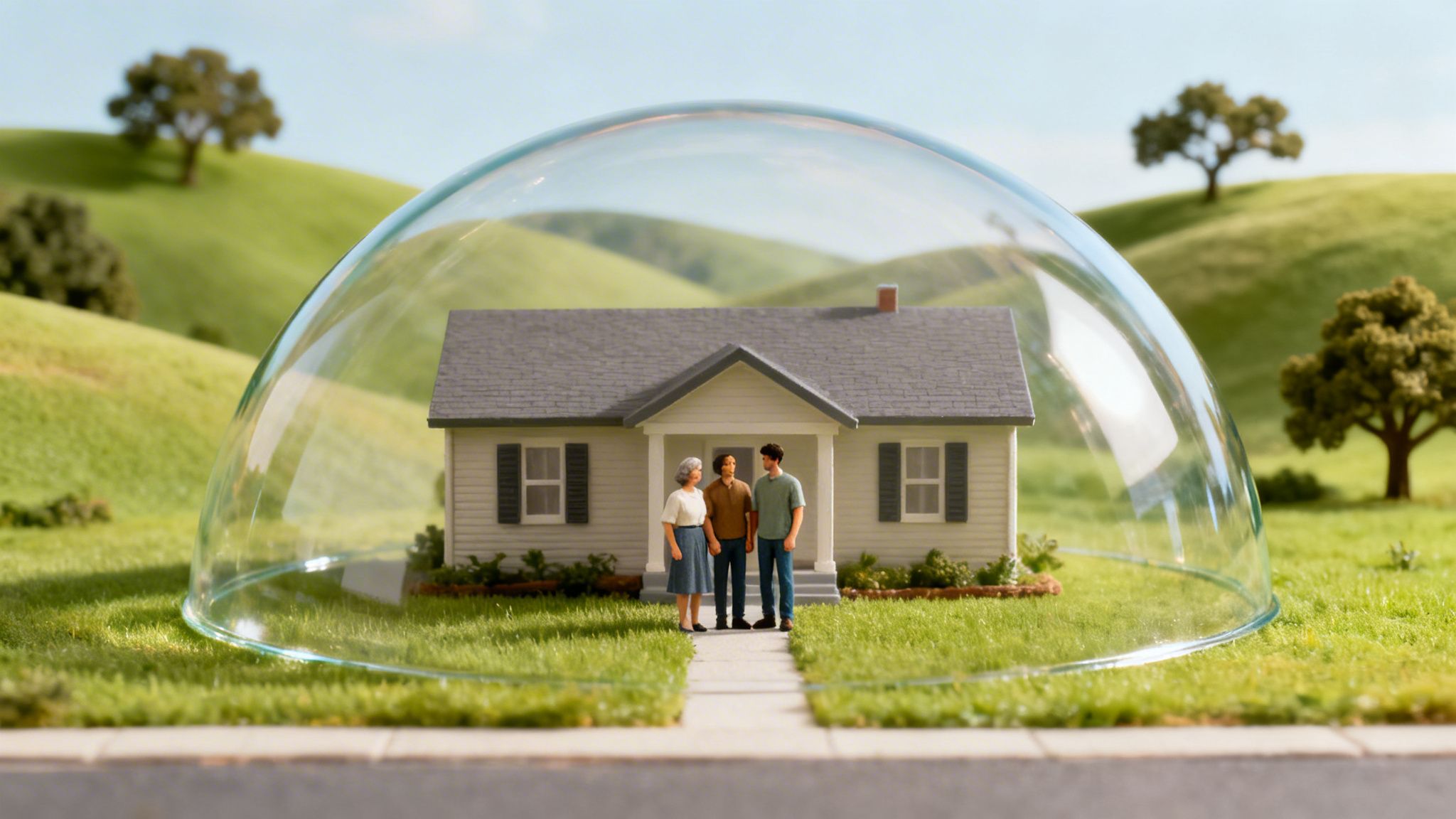 What Is a Living Trust? A Quick Guide to Protecting Your Family 2 Miniature house with three people inside a clear protective dome on a grassy hill.
