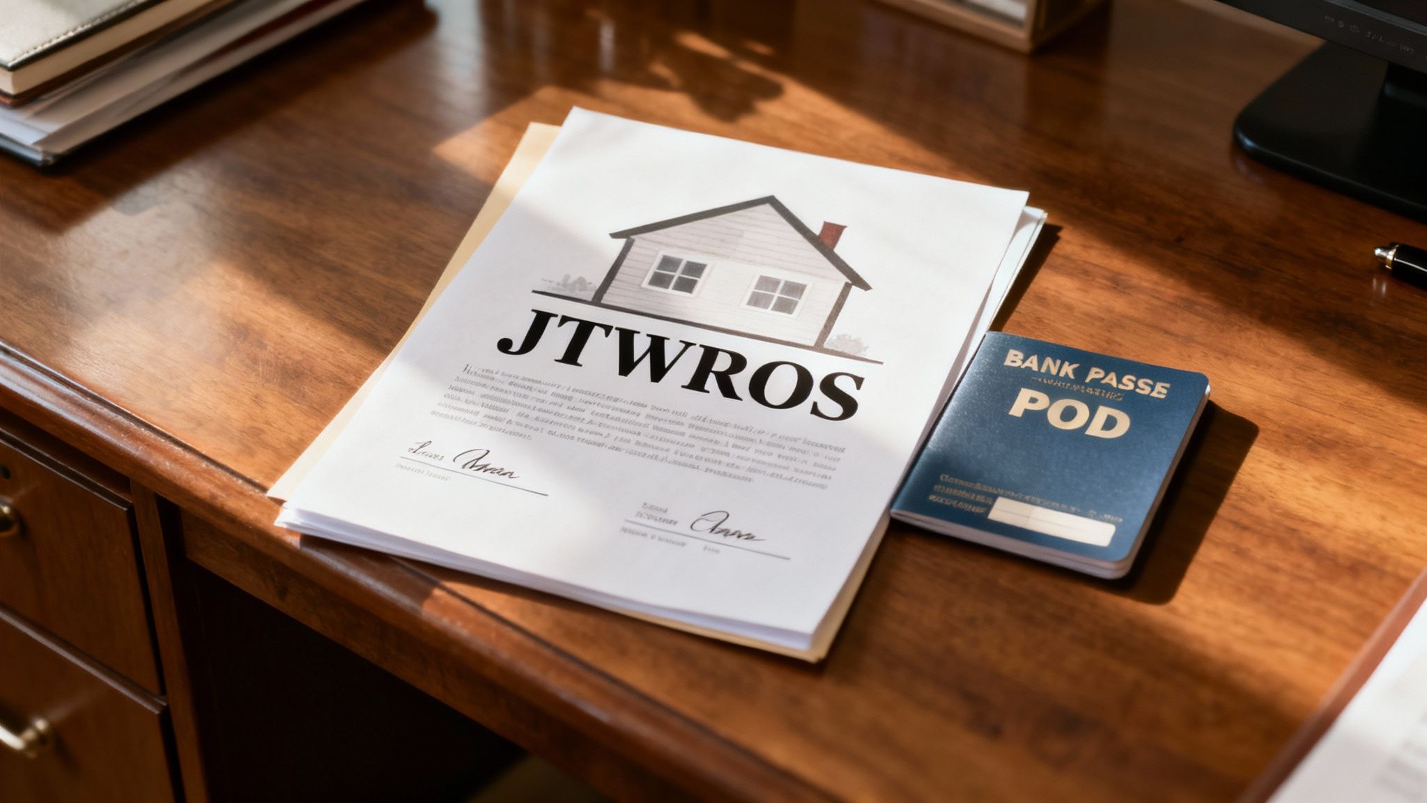 How to Avoid Probate Nightmares in Arkansas 3 A couple signs a document at a wooden desk with a house key and a bank statement nearby, representing smart property titling.