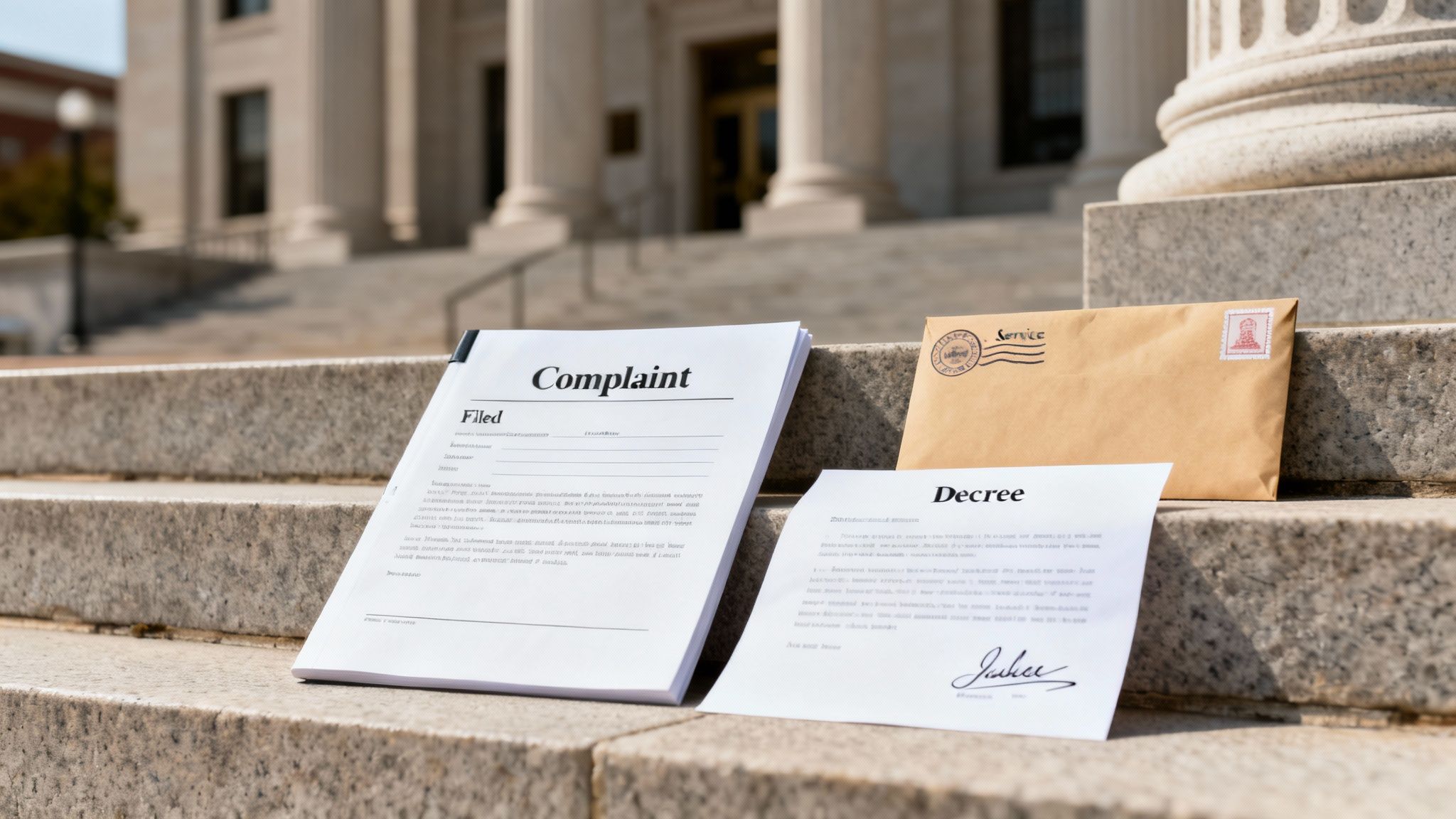 Quiet Title Arkansas: A Simple Guide to Protecting Your Land 2 Legal documents, including a complaint, decree, and service envelope, on stone courthouse steps.