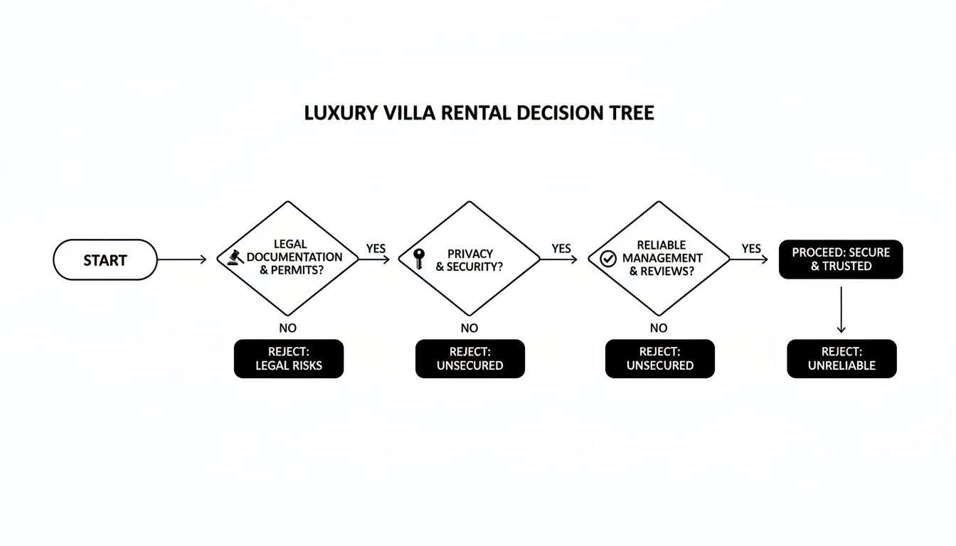 A luxury villa rental decision tree flowchart detailing legal, privacy, and management checks.