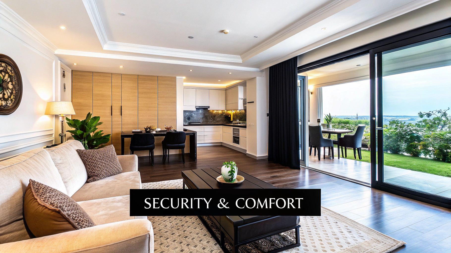 A modern luxury apartment interior with an open-plan living room, dining area, kitchen, and patio.