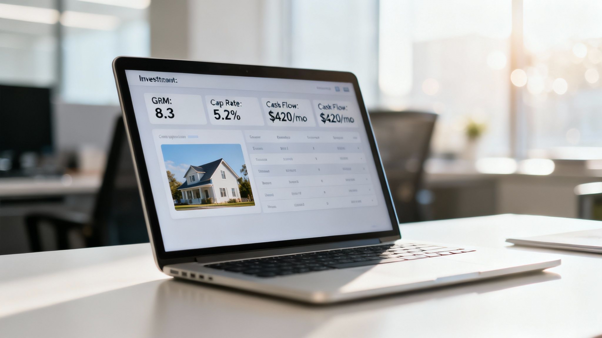 Laptop on desk displaying real estate investment metrics, including GRM, Cap Rate, and Cash Flow.