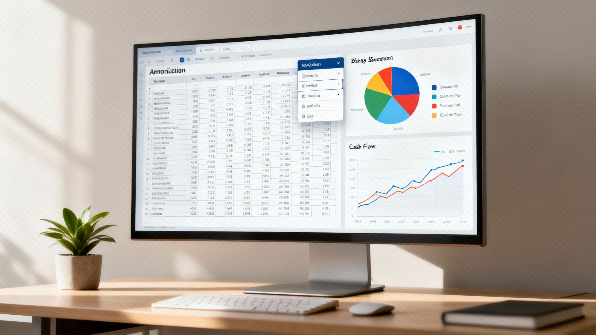 A computer monitor on a wooden desk displays financial spreadsheets, pie charts, and line graphs.