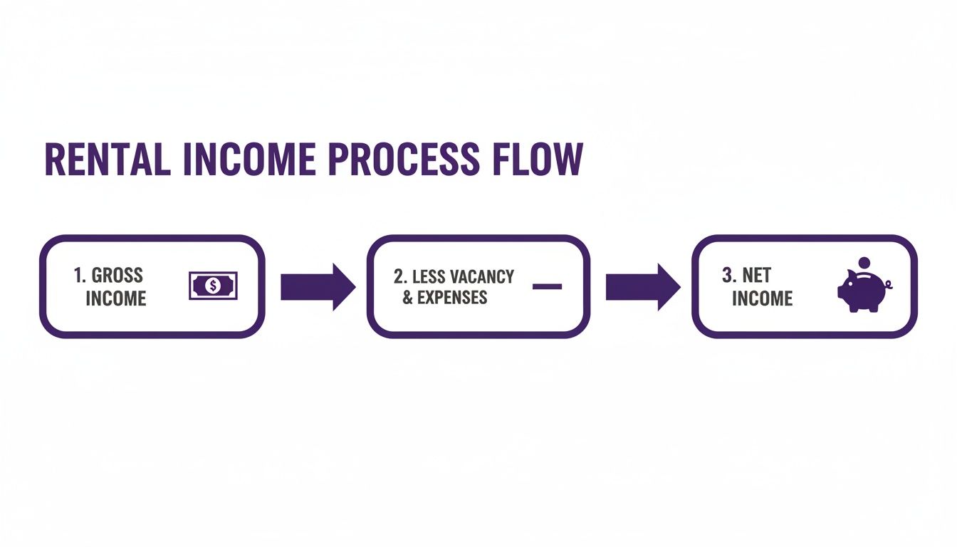 Flowchart illustrating the rental income calculation process: gross income, minus vacancy and expenses, equals net income.