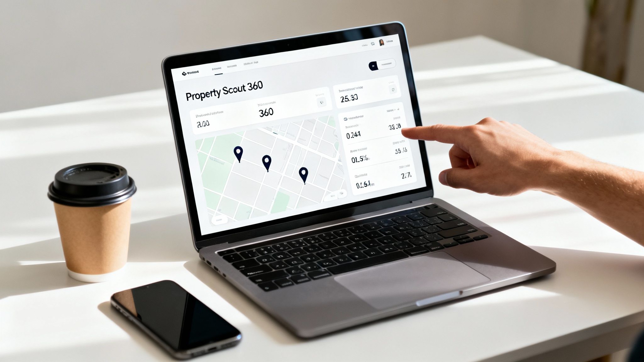 Person pointing at a laptop screen displaying a property investment dashboard with a map and data.