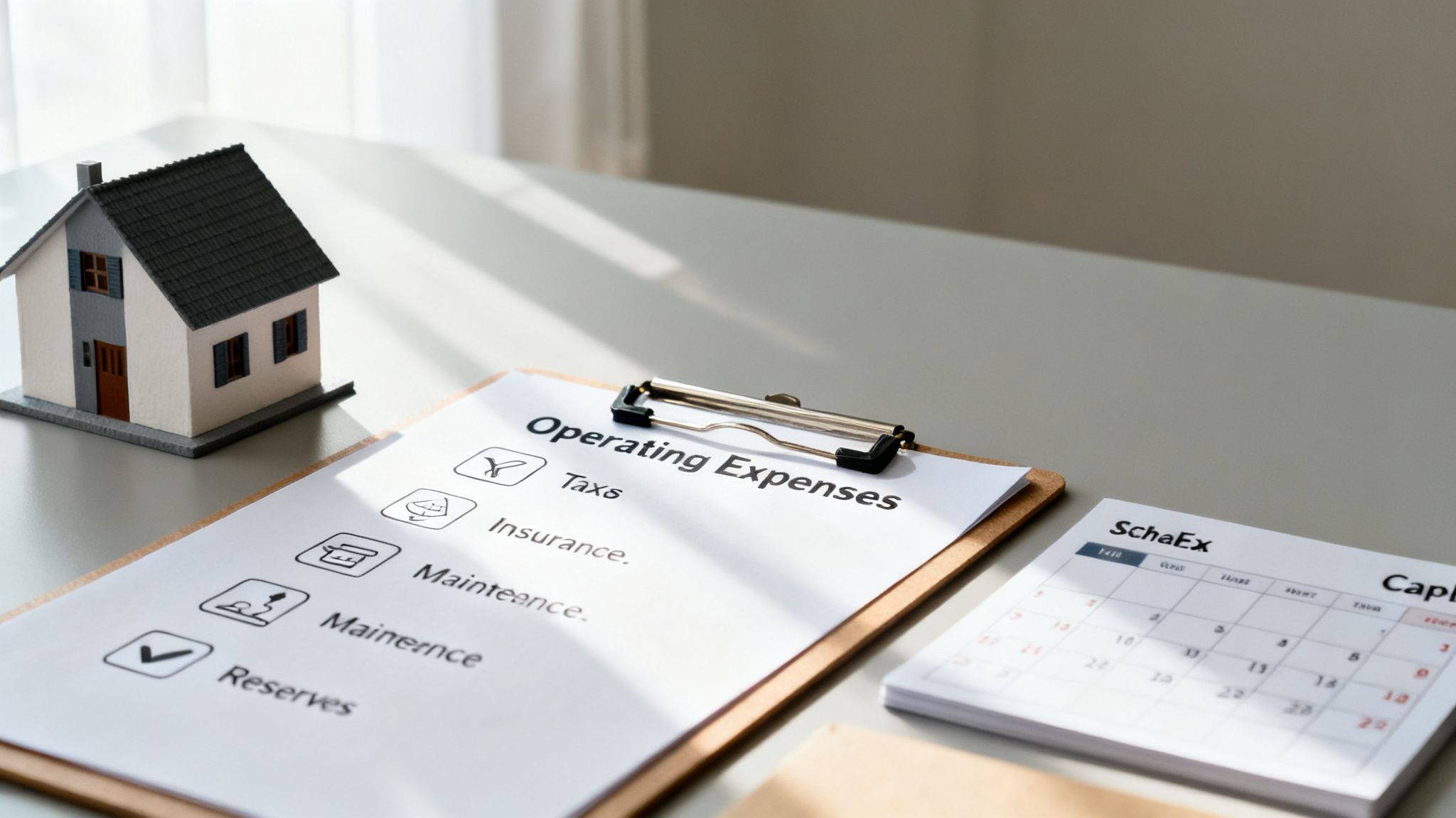 A miniature house, clipboard with operating expenses list, and calendar on a table.