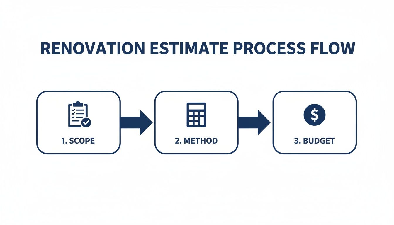 A clear flowchart outlining the renovation estimate process, from defining scope to determining the final budget.