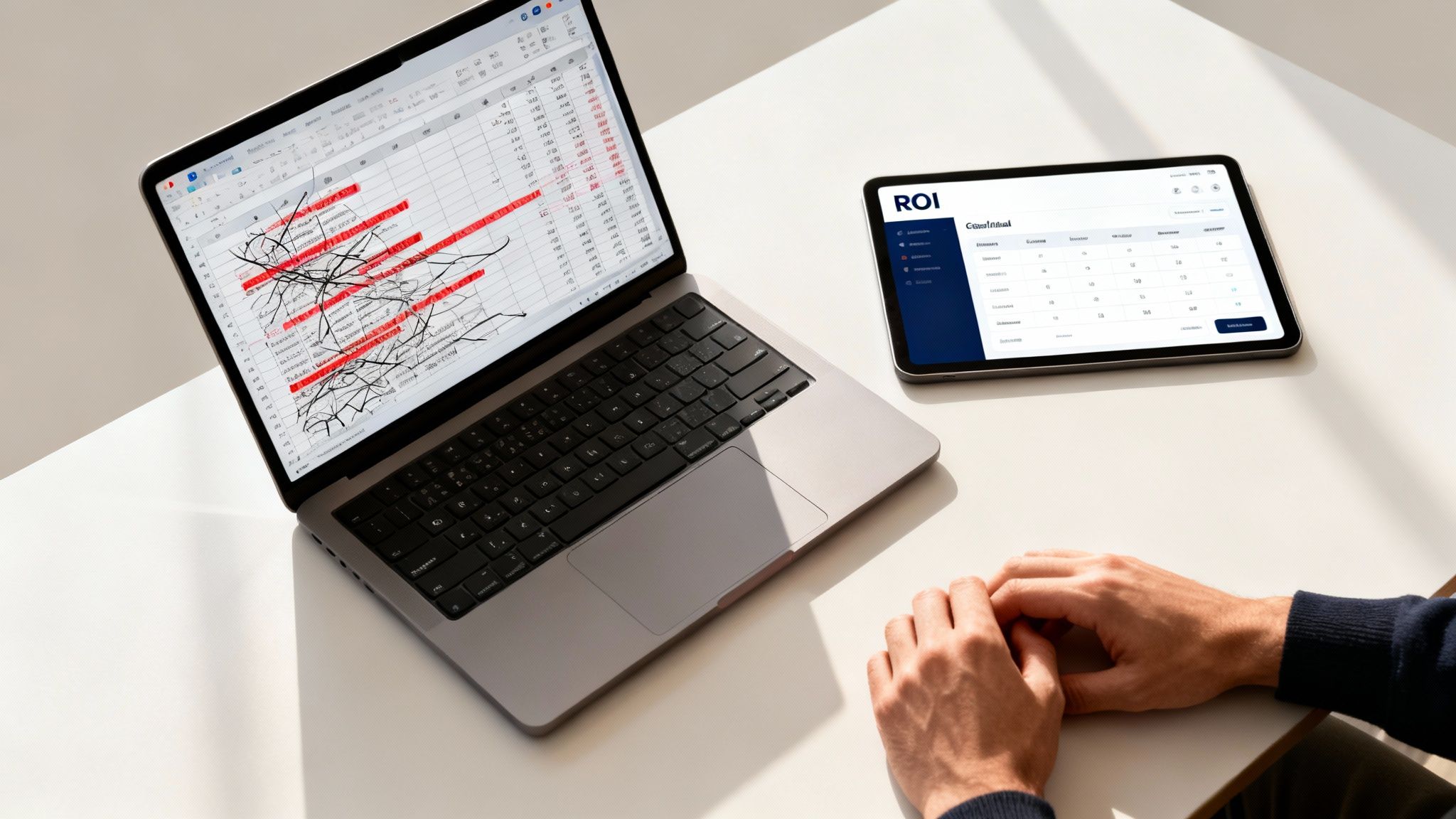 Hands on a desk next to a laptop with a spreadsheet and a tablet showing an ROI dashboard.