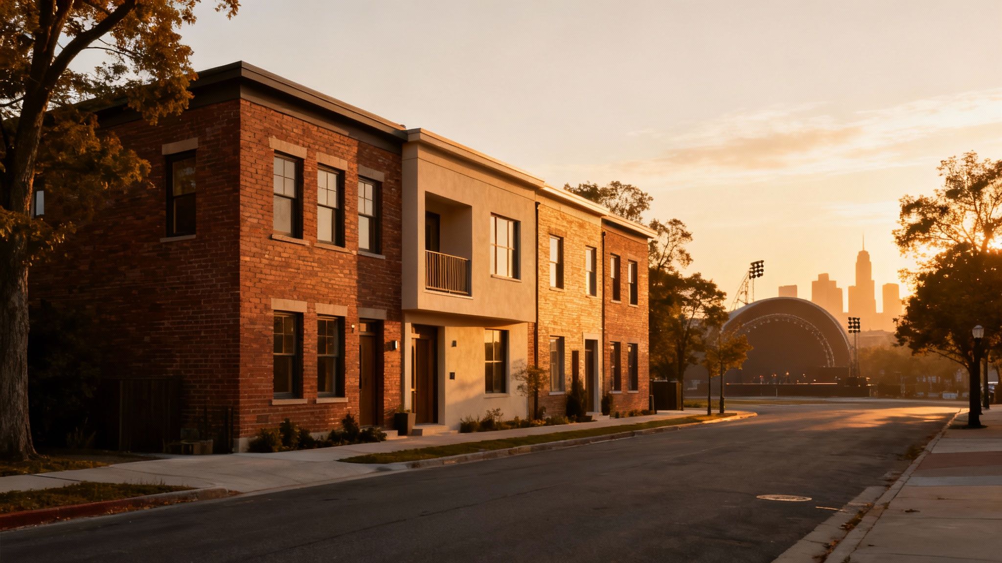 Modern brick and stucco townhouses on a street, with a city skyline and outdoor stage at sunset.