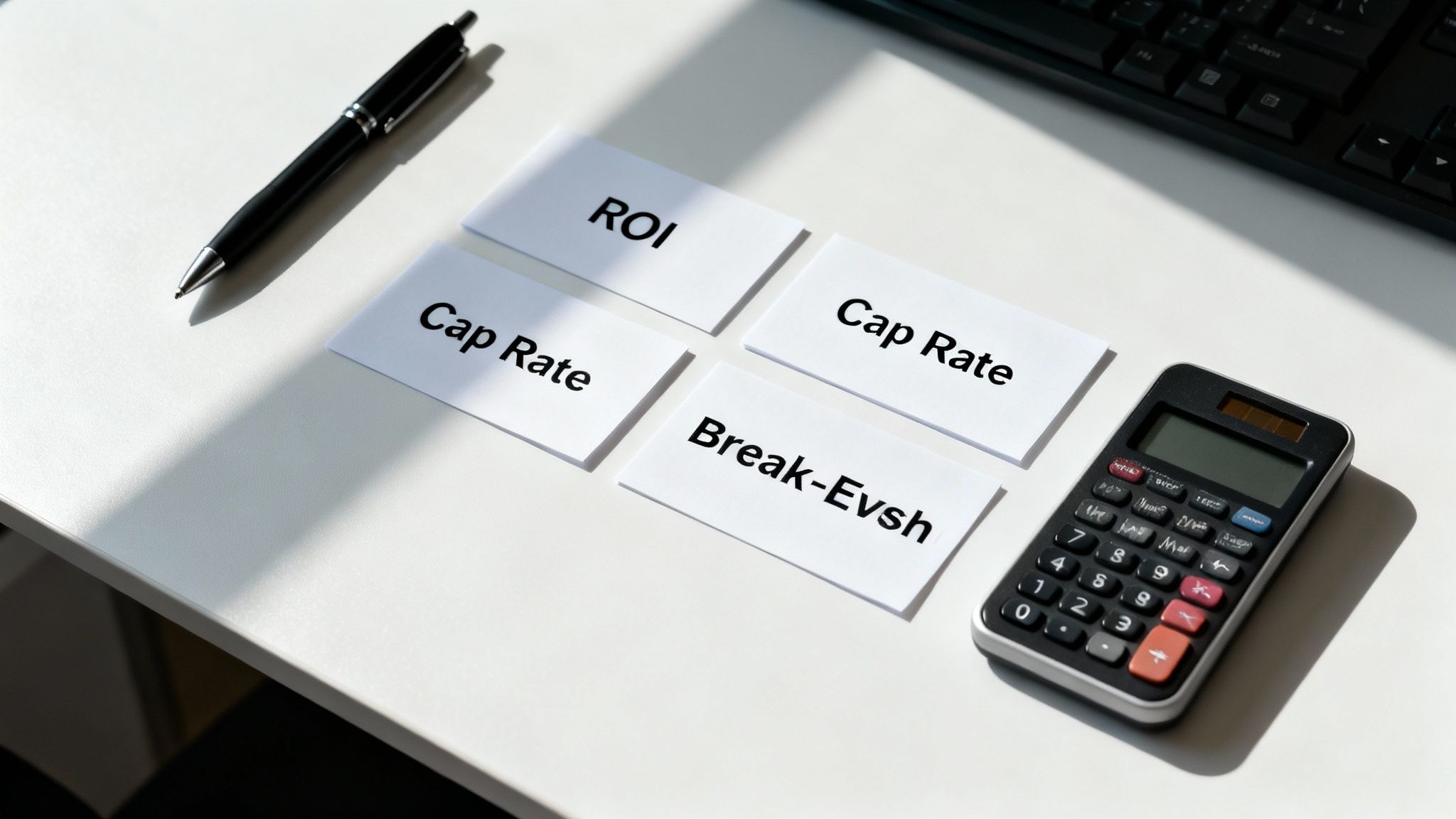 Desk with a pen, calculator, and cards displaying ROI, Cap Rate, and Break-Evsh.