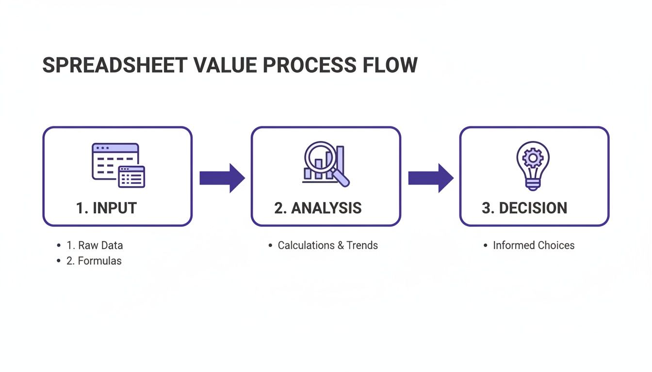 Spreadsheet value process flow: Input data and formulas, analyze calculations and trends, leading to informed decisions.