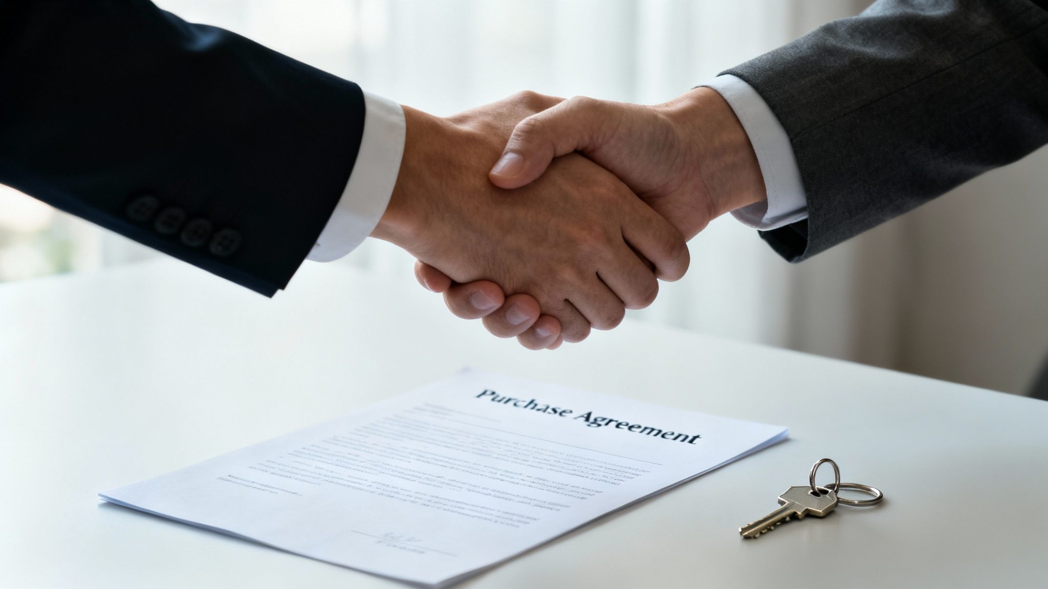 Two men in suits shaking hands over a purchase agreement and keys on a white table, symbolizing a successful real estate deal.