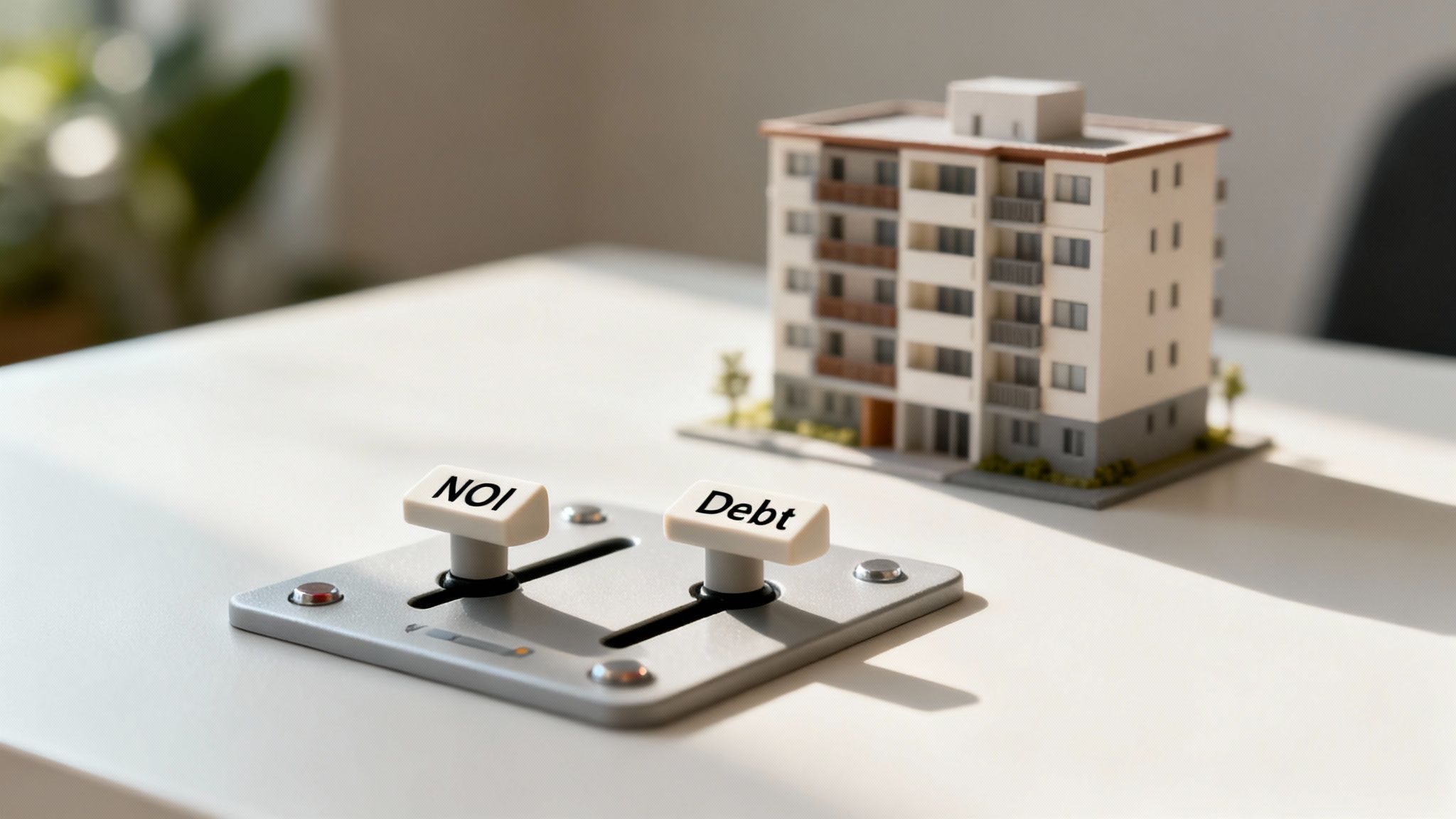A desk with a miniature building and two sliders labeled NOI and Debt, representing real estate finance.