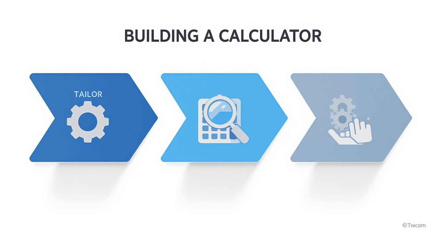 Infographic illustrating three steps for building a calculator: tailoring, analysis, and optimization.