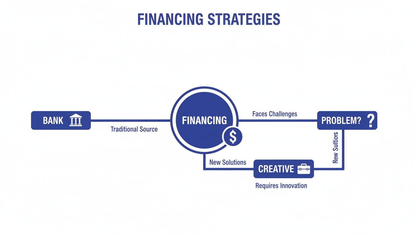 A diagram outlining financing strategies, illustrating traditional sources, challenges, and new creative solutions requiring innovation.