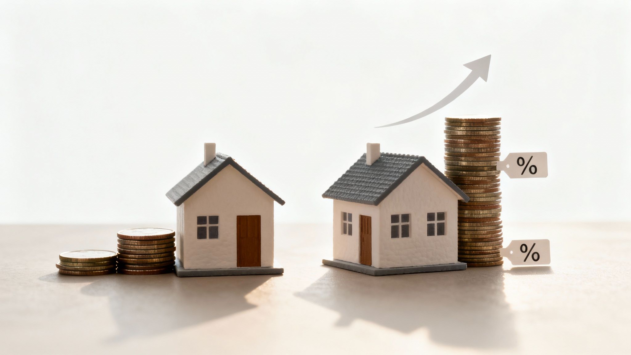 Real estate investment growth concept showing model houses with stacked coins and percentage symbols