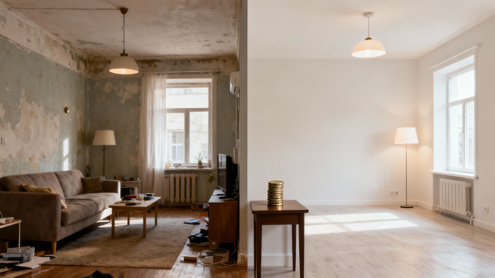 Before and after renovation: a messy, old living room contrasted with a clean, renovated space with gold coins.