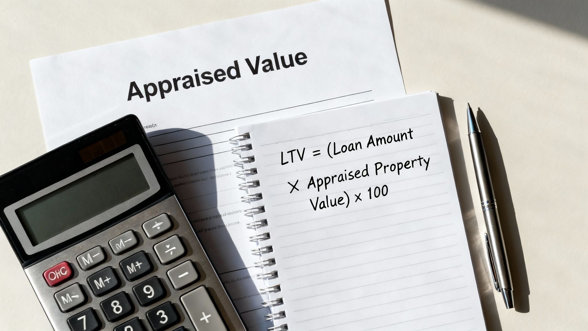 A calculator, pen, and notebook with LTV formula next to an 'Appraised Value' document, illustrating property financing concepts.