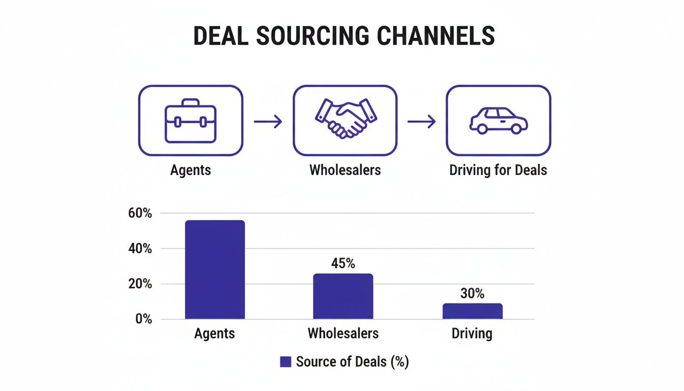 Bar chart showing deal sourcing channels: Agents (approx. 55%), Wholesalers (45%), and Driving (30%).