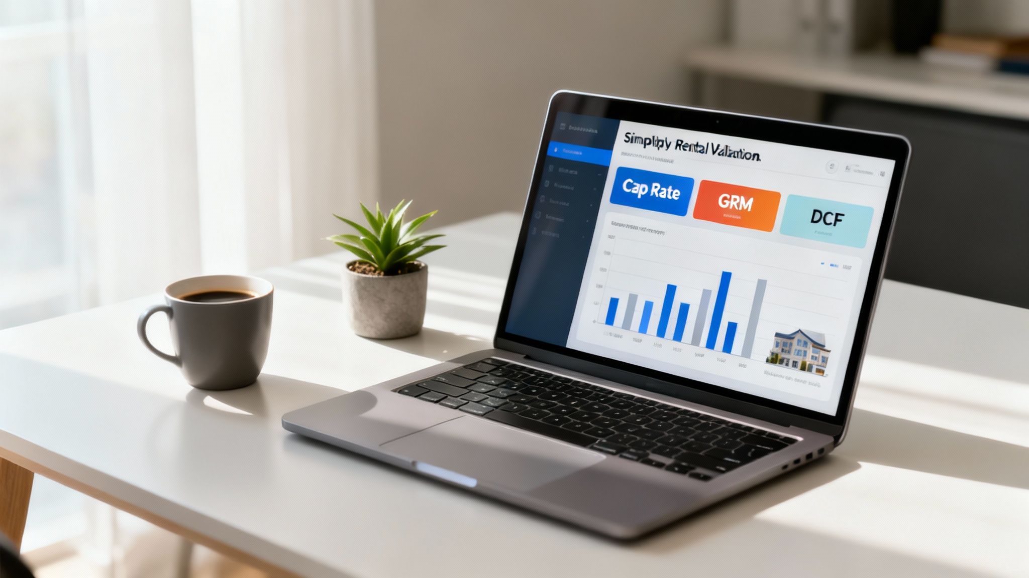 A laptop on a bright white desk displays rental valuation software with charts and a house.