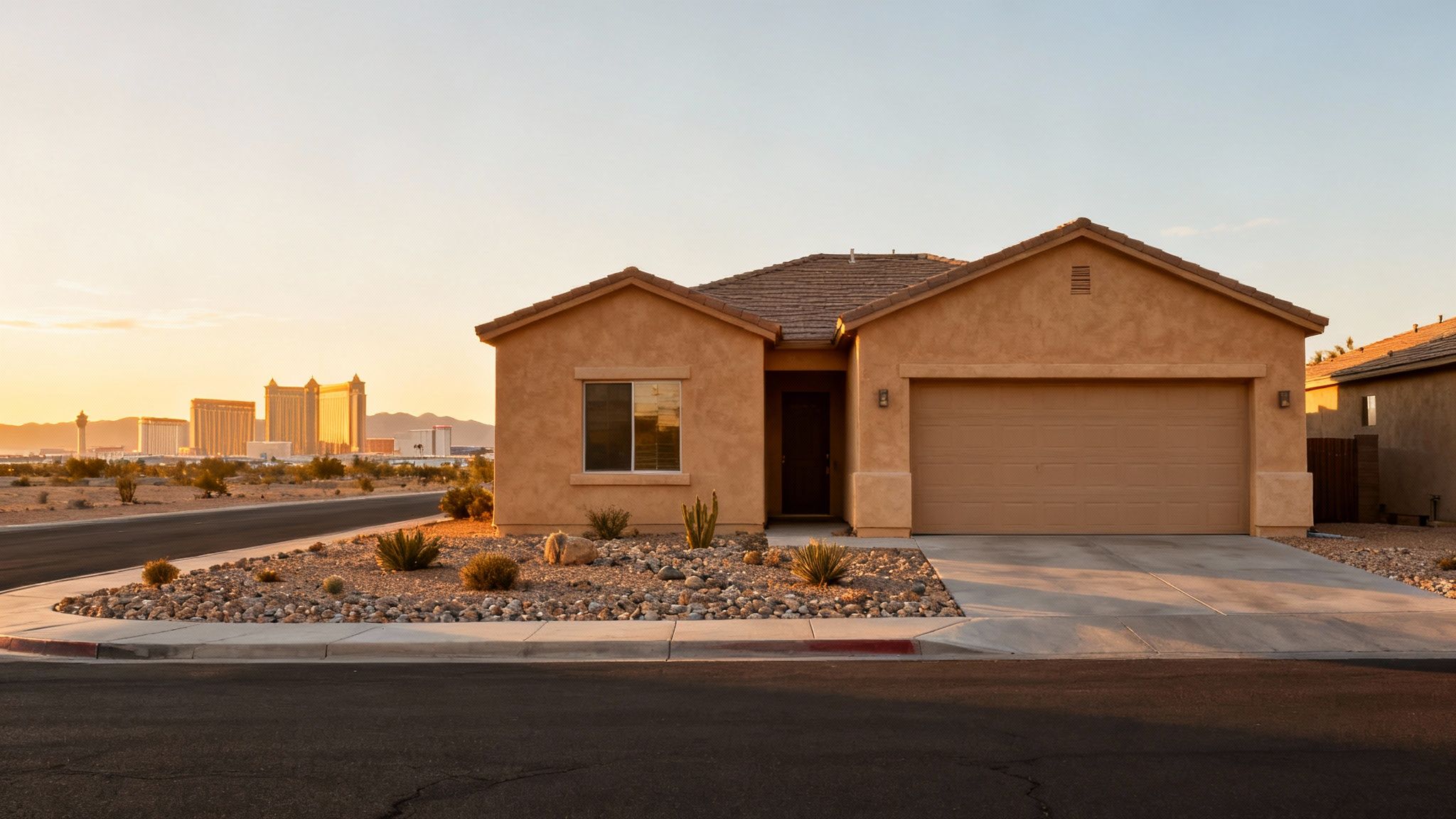 A stucco house with desert landscaping in the foreground and the Las Vegas skyline at sunset.
