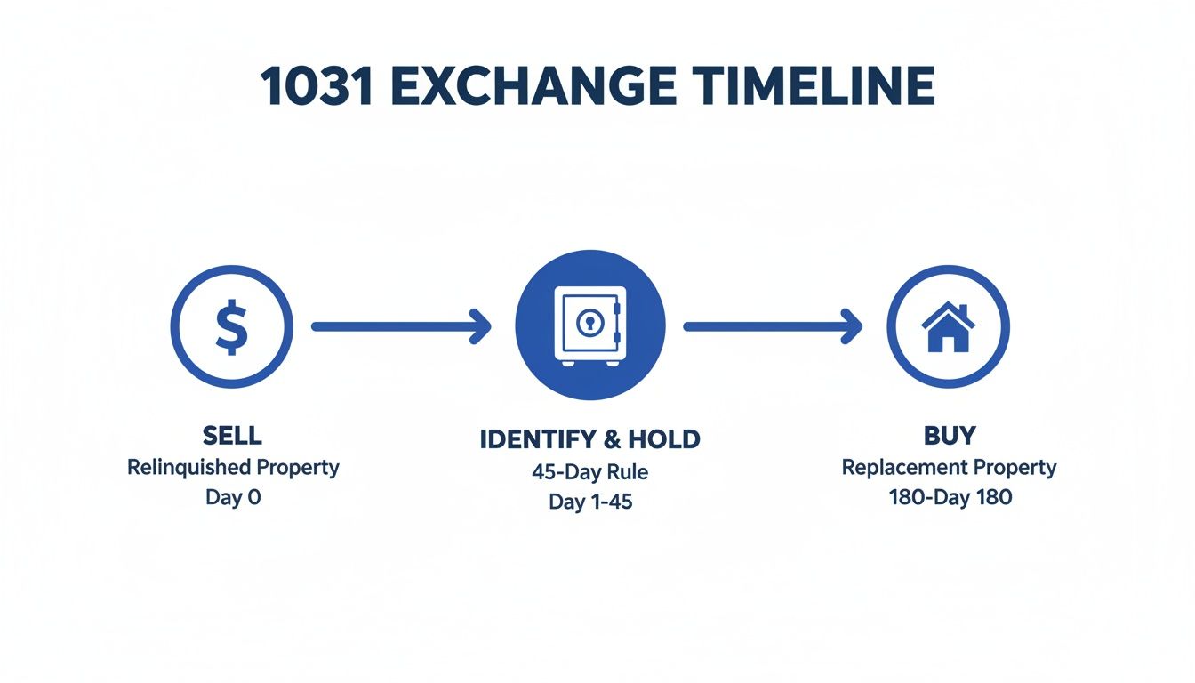 A 1031 exchange timeline showing three stages: Sell relinquished property, Identify and Hold for 45 days, and Buy replacement property within 180 days.