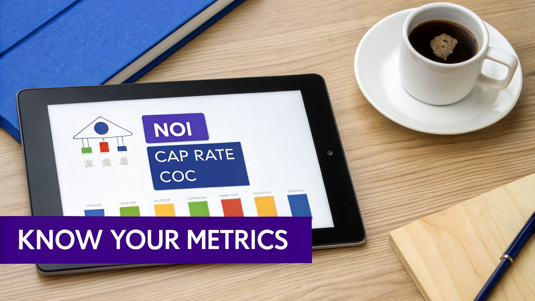 Tablet displaying business metrics including NOI, cap rate, and COC on wooden desk with coffee