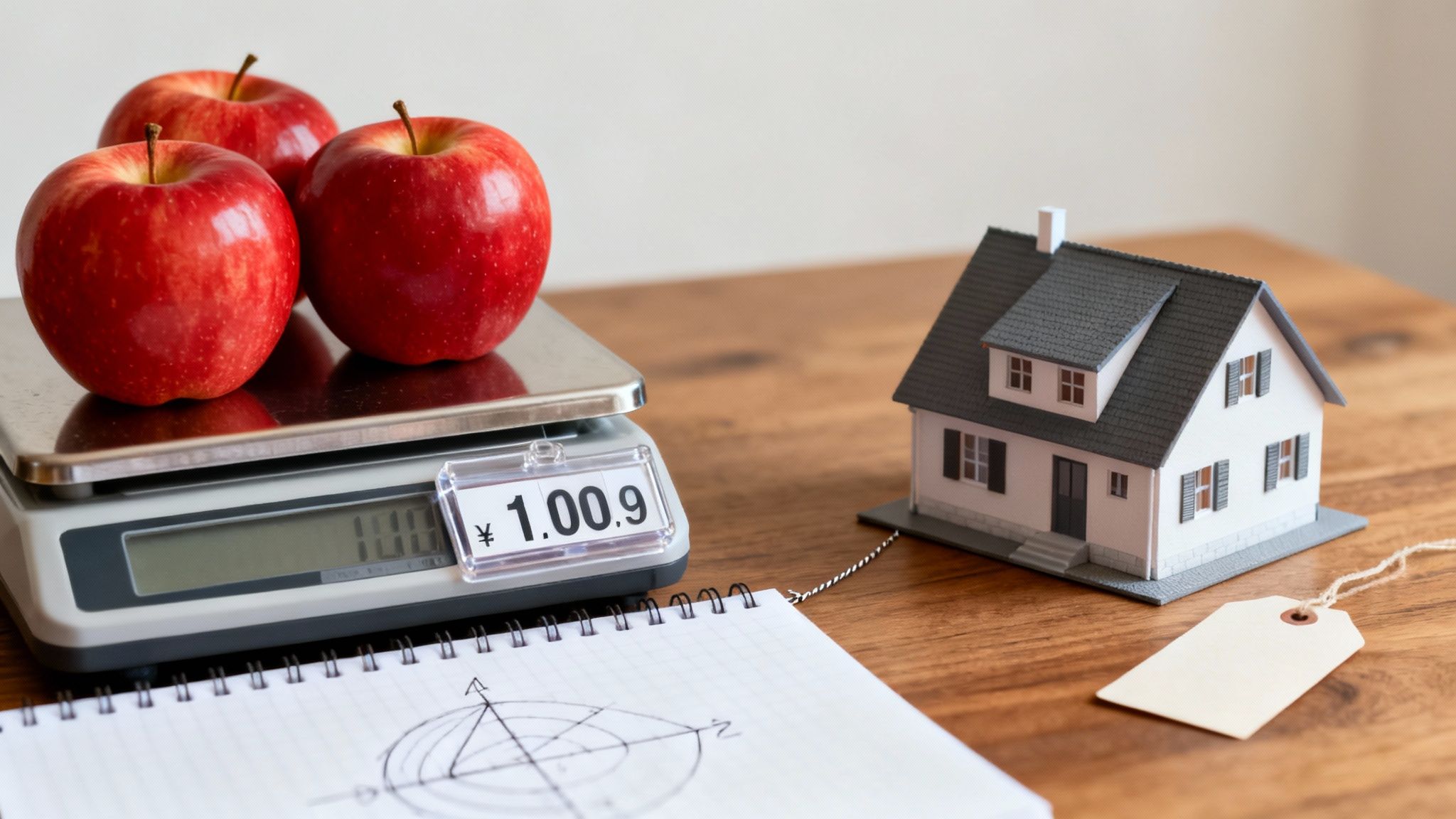 Red apples on a digital scale displaying a price next to a miniature house model.