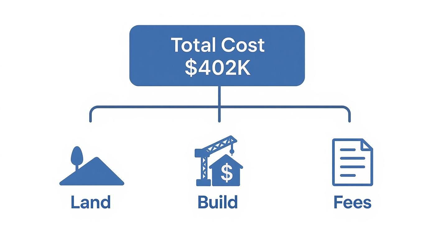 Infographic showing total duplex construction cost breakdown of 402K dollars including land, build, and fees