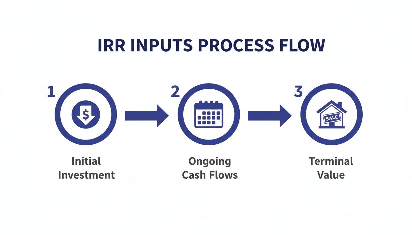 Process flow diagram showing the three inputs for Internal Rate of Return (IRR) calculation: Initial Investment, Ongoing Cash Flows, and Terminal Value.