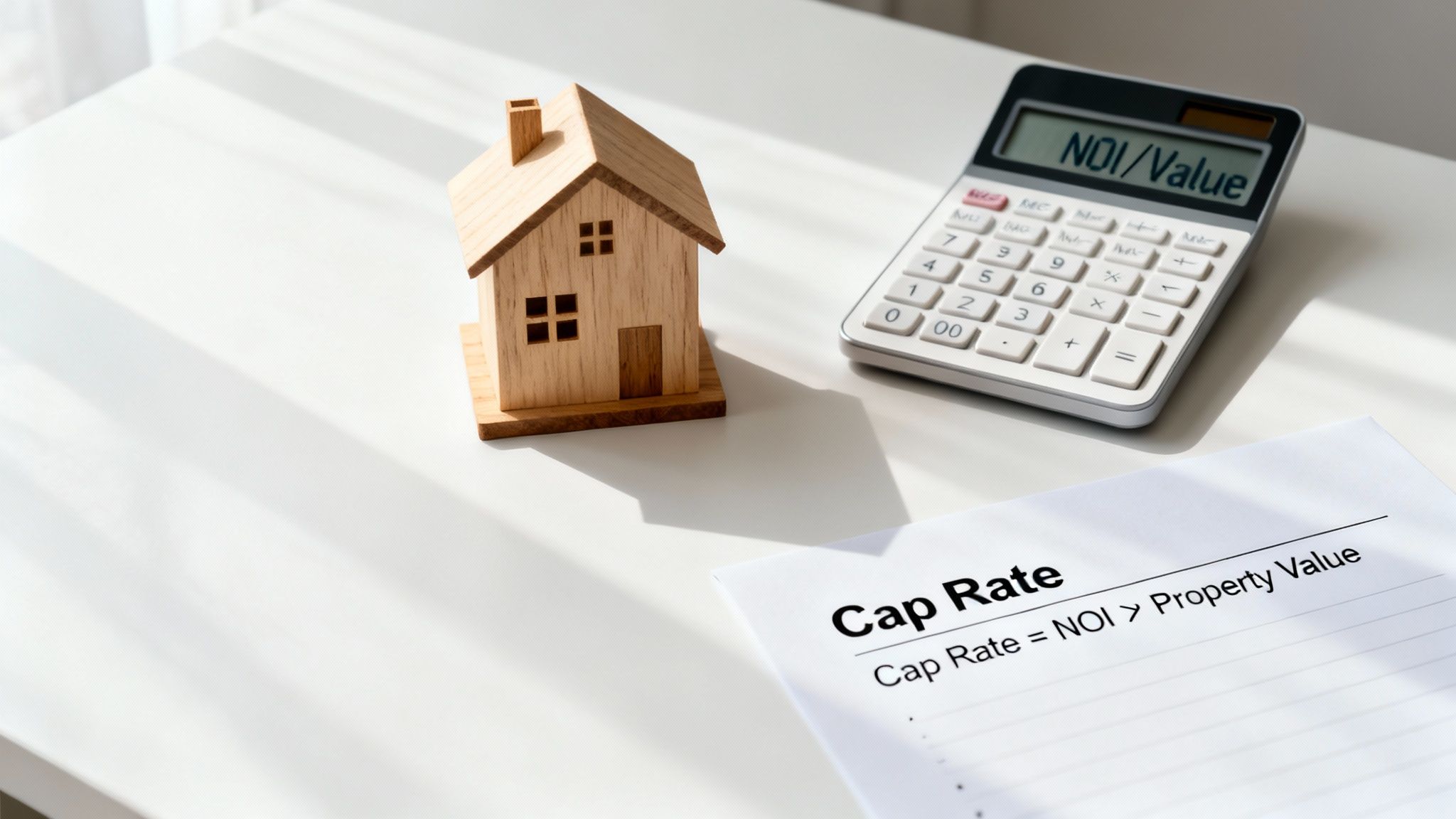 A wooden house model, a calculator displaying 'NOI/Value', and a paper defining 'Cap Rate' on a white table.