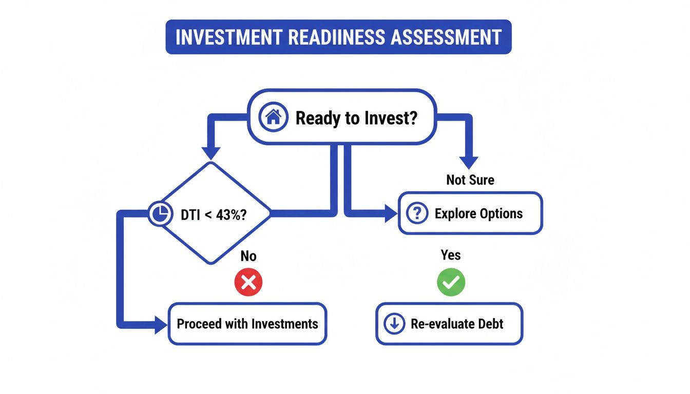 Flowchart illustrating an investment readiness assessment, including debt-to-income ratio and exploring options.