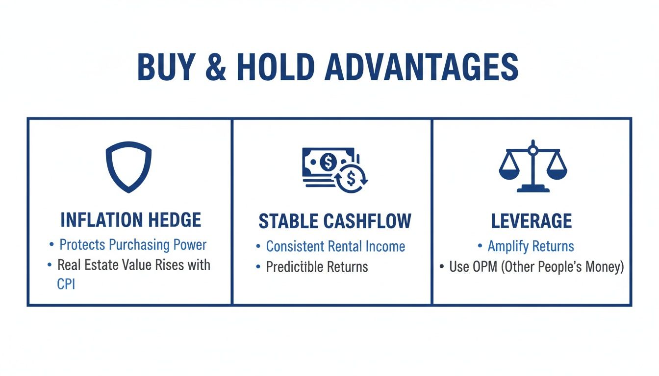 Infographic detailing the advantages of buy and hold real estate, focusing on inflation hedge, stable cashflow, and leverage benefits.