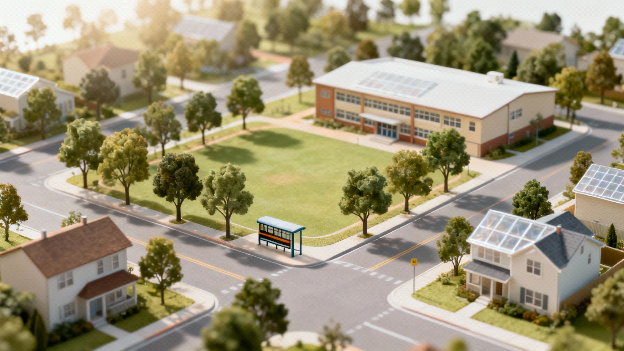 An aerial view of a miniature town model featuring houses, a school, and a bus stop.