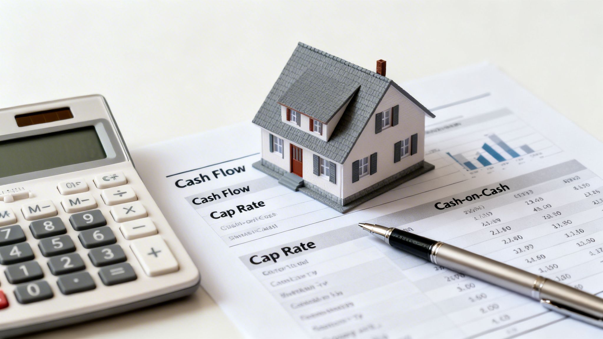 A house model sits on a financial document with a calculator and pen, symbolizing real estate investment.