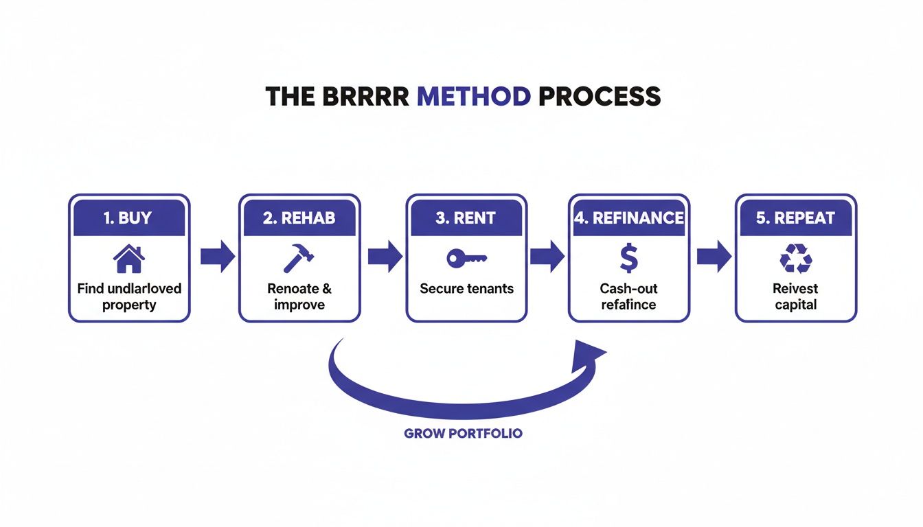Flowchart outlining the BRRRR method for real estate investment: Buy, Rehab, Rent, Refinance, Repeat.