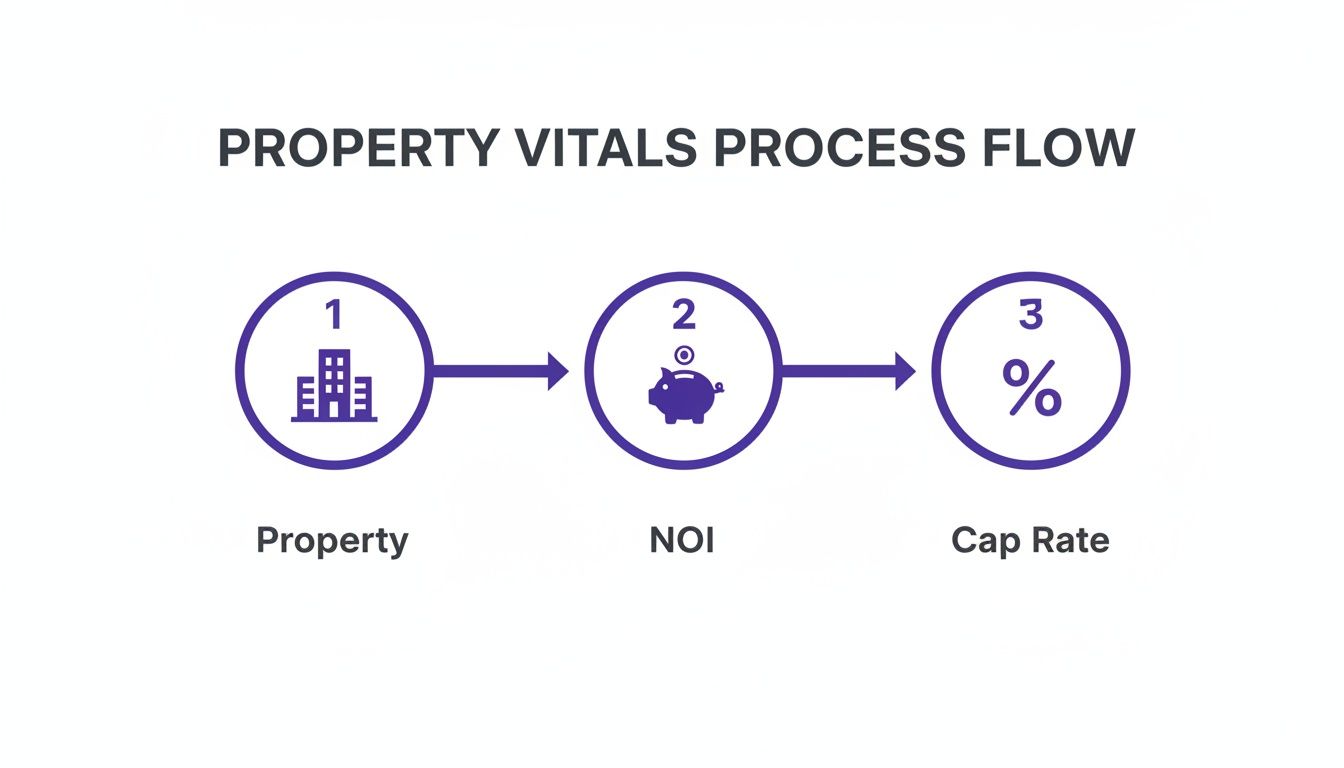 Process flow diagram showing property vitals: Property to NOI to Cap Rate calculation.
