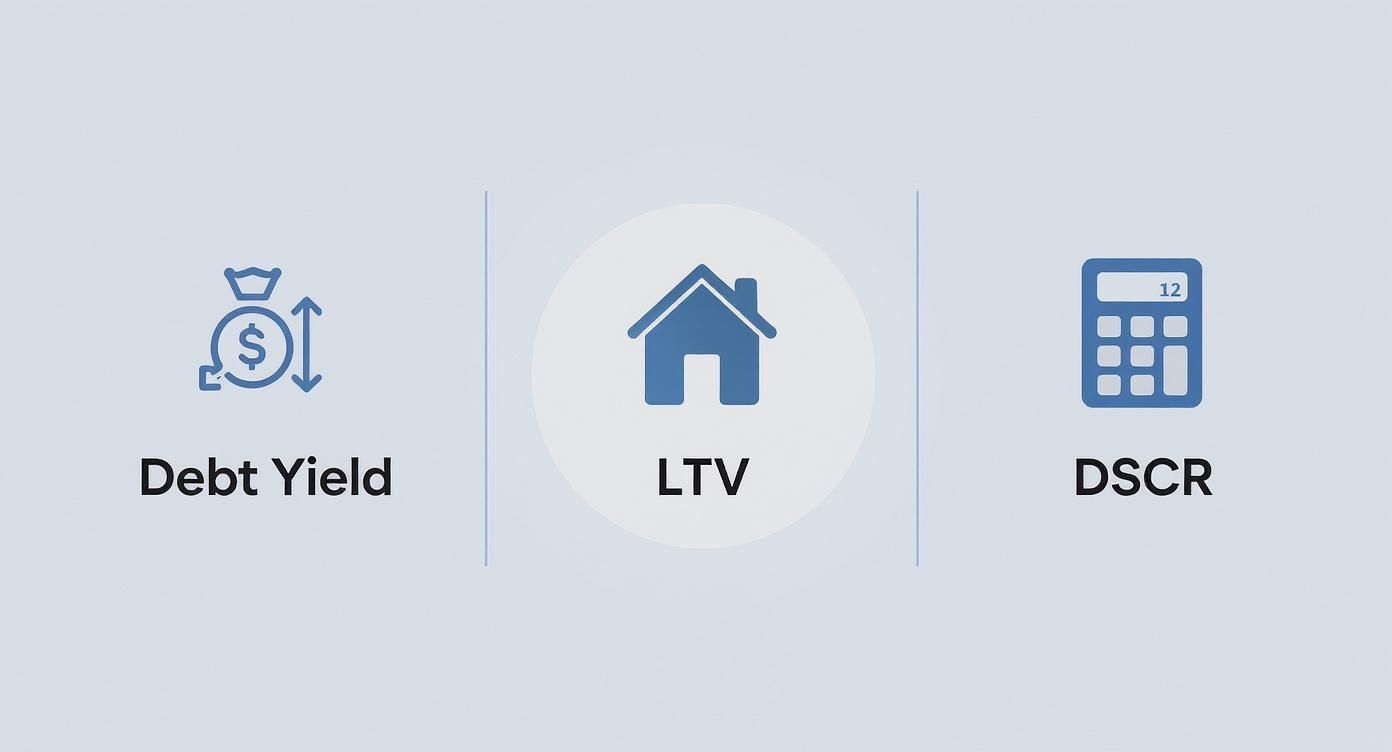 An infographic displaying three important real estate finance metrics: Debt Yield, LTV, and DSCR with their icons.