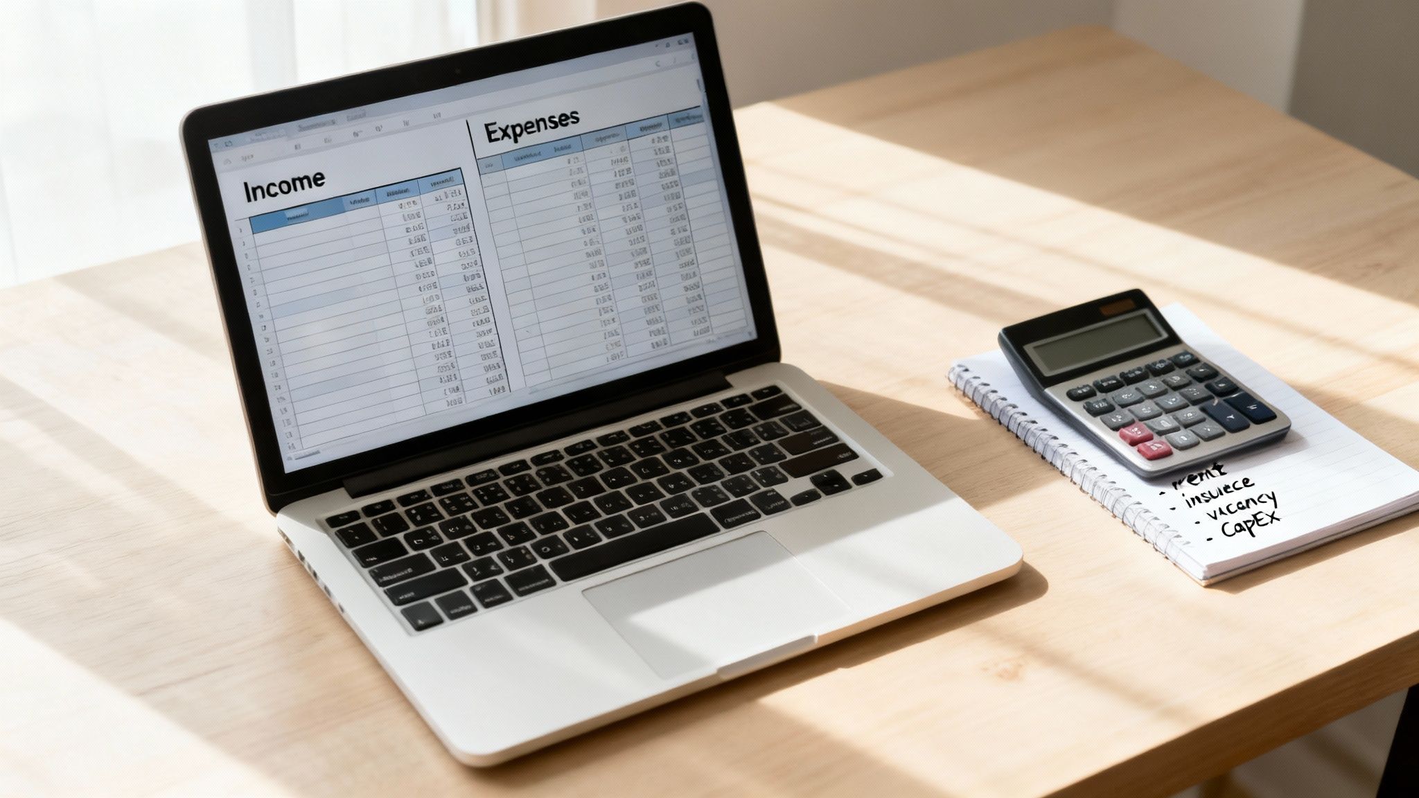A laptop displaying financial spreadsheets, a calculator, and a notebook on a wooden desk.