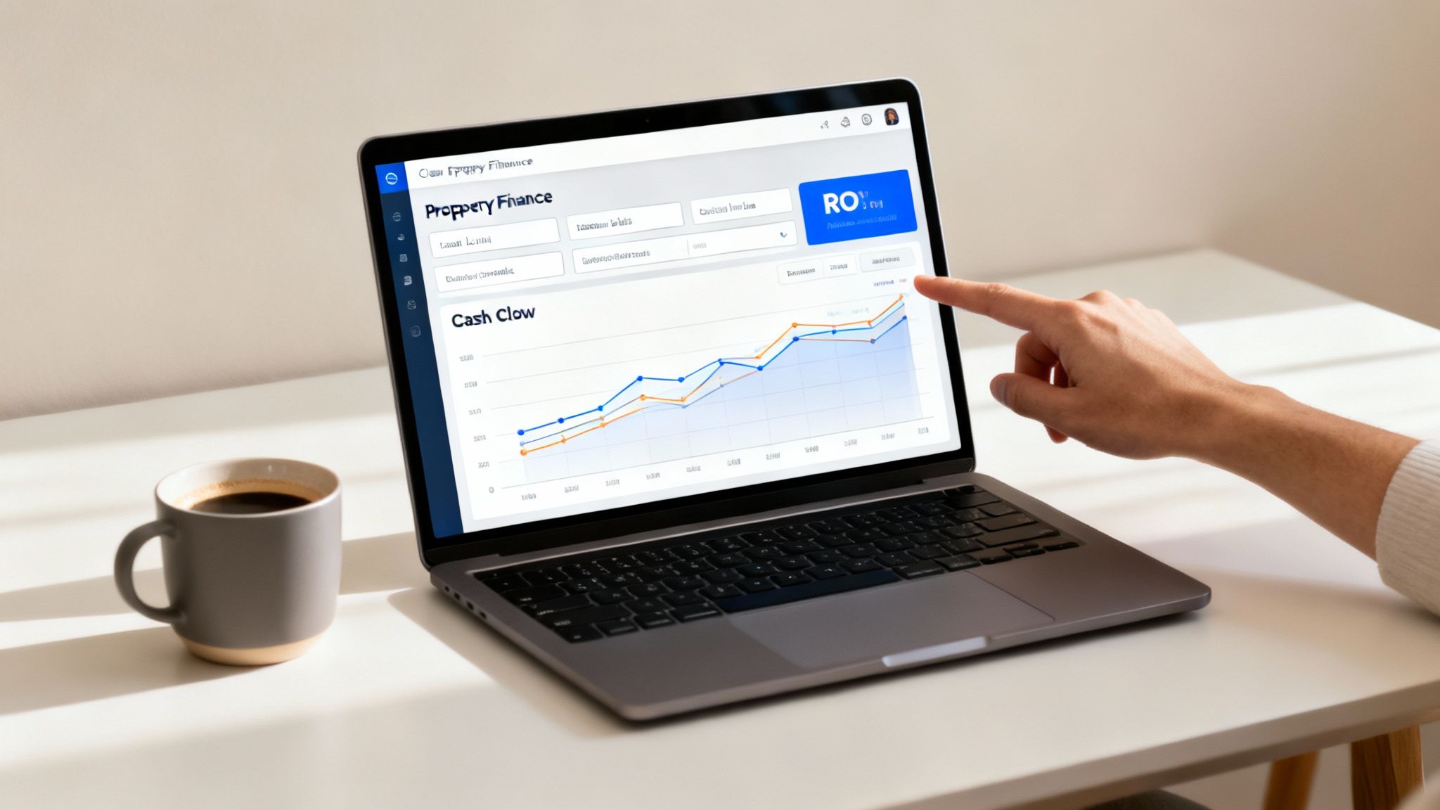 A person's hand points at a laptop displaying a financial cash flow graph and dashboard, with a coffee mug nearby.