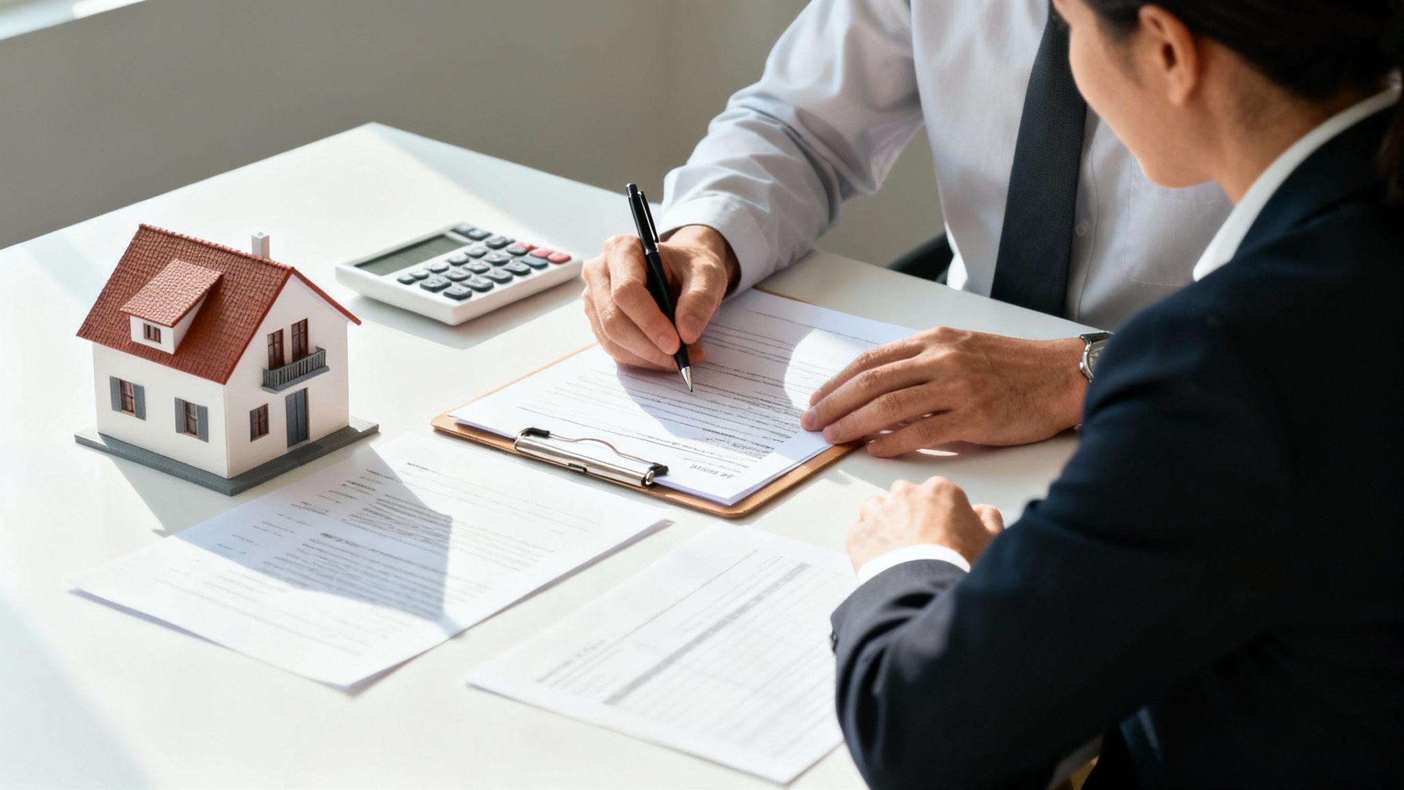 Man signing real estate documents for a house, with a model home and calculator nearby.