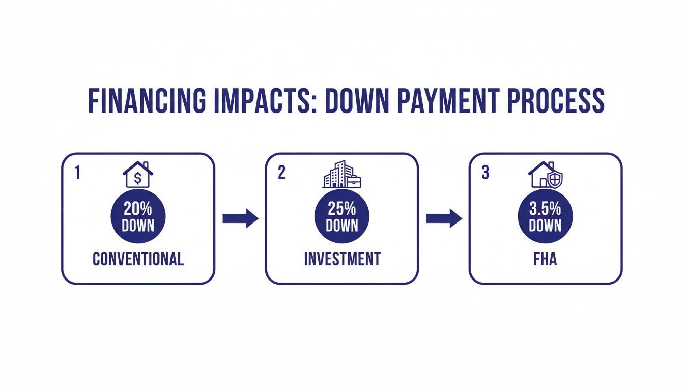 A visual guide showing three down payment options: Conventional (20%), Investment (25%), and FHA (3.5%).