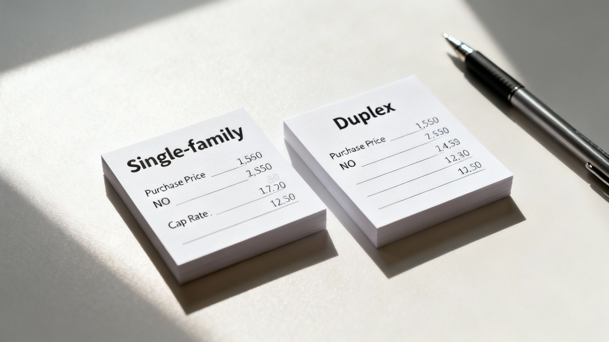 Two notepads comparing single-family and duplex property financial details, including purchase price and cap rate, beside a pen.