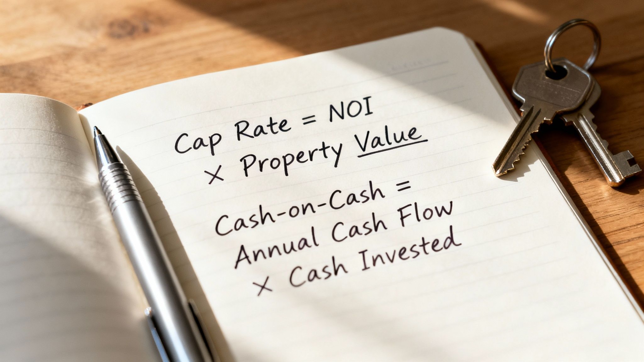 Notebook with handwritten formulas for Cap Rate and Cash-on-Cash, next to a pen and house keys.