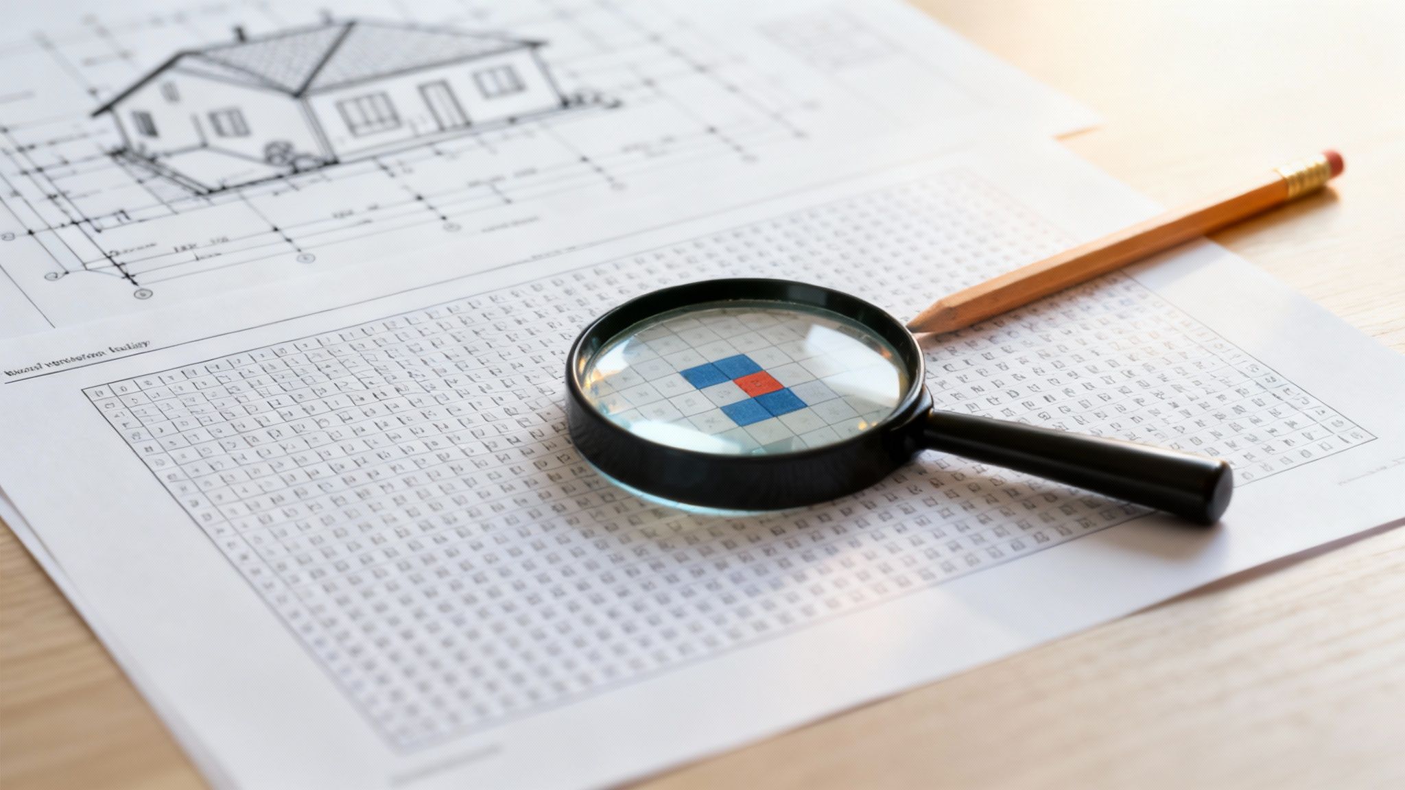 A magnifying glass and pencil on architectural blueprints and a grid document, suggesting detailed planning.